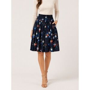 Tory Burch Silk Wool Blaire Pansy Bouquet Floral Skirt Navy Smocked Pockets Sz14